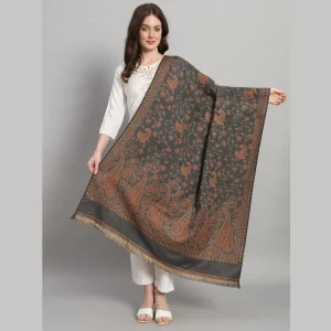 Women Grey Floral & Paisley Decor Wool Shawl - Image 3