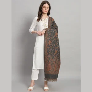 Women Grey Floral & Paisley Decor Wool Shawl - Image 2
