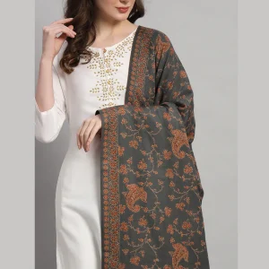 Women Grey Floral & Paisley Decor Wool Shawl - Image 4