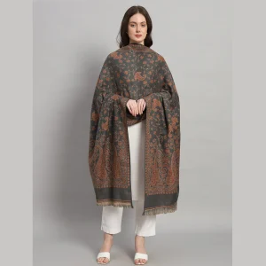 Women Grey Floral & Paisley Decor Wool Shawl - Image 5