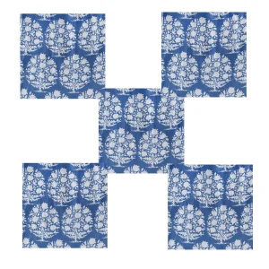 Hand Block Cotton Blue Floral Printed Voile Fabric Napkins - Image 3