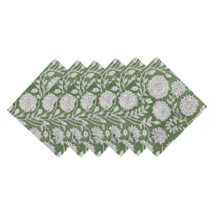 Indian Handmade Green Floral Printed Cotton Napkins - Image 3