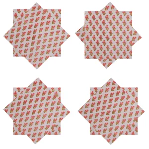 New Beige & Red Floral Printed Cotton Napkins Set - Image 3