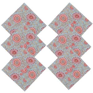 Teal Blue Floral Printed Fabric Cotton Napkins - Image 3
