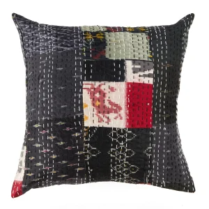 16" Black Patola Silk Patchwork Kantha Cushion Cover - Image 3