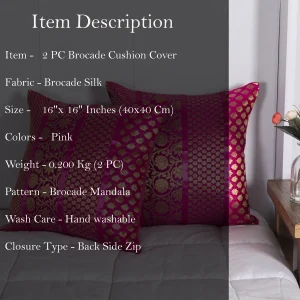 16" Pink Brocade Silk Cushion Cover - Image 4