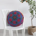 16" Round Embroidered Cushion Cover (Blue)
