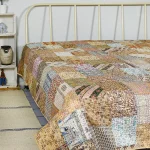 Beige Silk Kantha Quilted Bed Quilt 90x108 Inch
