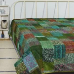 Green Silk Kantha Patchwork Quilt Blanket Queen Size