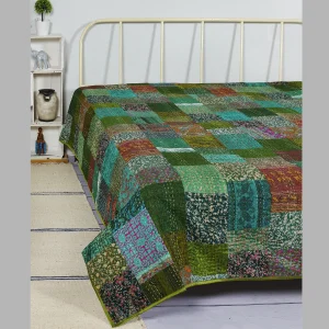 Green Silk Kantha Patchwork Quilt Blanket Queen Size - Image 4
