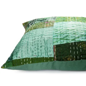 Green Silk Patchwork Kantha Work Cushion Covers - Image 4