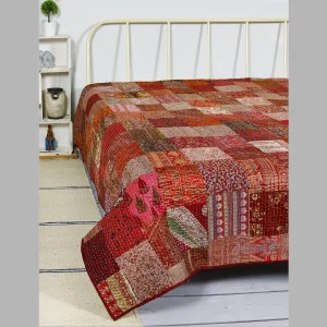 Handmade Kantha Quilt Maroon Color Bedspread - Image 4