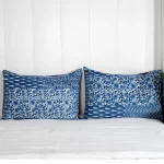 Handmade Kantha Quilted Pillow Cover Indigo Blue Floral Print - Image 2