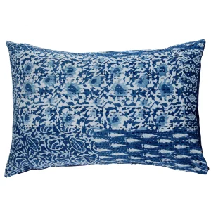 Handmade Kantha Quilted Pillow Cover Indigo Blue Floral Print - Image 3