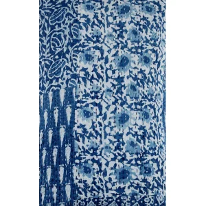 Handmade Kantha Quilted Pillow Cover Indigo Blue Floral Print - Image 5