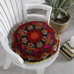 Indian Handmade Pom Pom Lace Decor Round Cushion Cover - Image 3