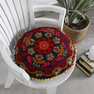 Indian Handmade Pom Pom Lace Decor Round Cushion Cover - Image 3