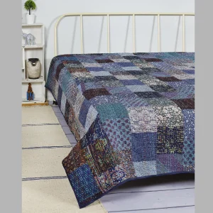 Indian Handmade Silk Patchwork Kantha Quilt (Blue) - Image 4