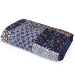 Indian Handmade Silk Patchwork Kantha Quilt (Blue) - Image 3