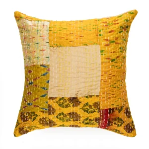 Kantha Patchwork Silk Fabric Yellow Cushion Cover - Image 3