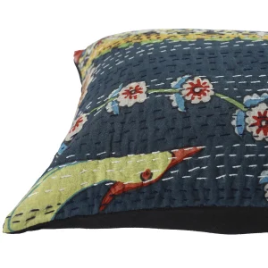 Kantha Work Decor Blue Bird Print Pillow Cover - Image 3