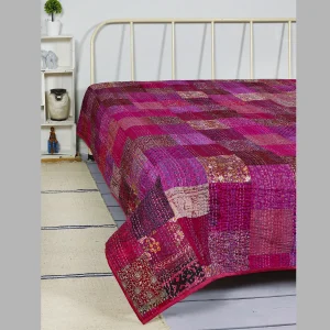 Pink Color Kantha Quilted Queen Gudari 90"x108" - Image 4