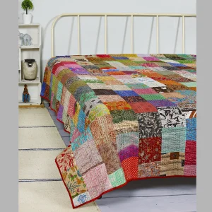 Red Kantha Quilted Patchwork Bedspread Gudri - Image 4