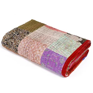 Red Kantha Quilted Patchwork Bedspread Gudri - Image 3