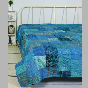 Turquoise Patchwork Kantha Quilted Bedspread - Image 4