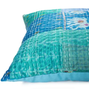 Turquoise Vintage Silk Kantha Cushion Cover - Image 4