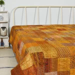Yellow Kantha Quilt Patchwork Silk Indian Bedspread