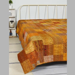 Yellow Kantha Quilt Patchwork Silk Indian Bedspread - Image 4