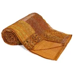 Yellow Kantha Quilt Patchwork Silk Indian Bedspread - Image 2