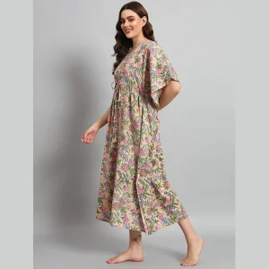 Beautiful Beige Floral Printed Pure Cotton Kaftans - Image 3