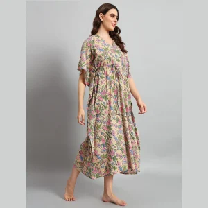 Beautiful Beige Floral Printed Pure Cotton Kaftans - Image 4