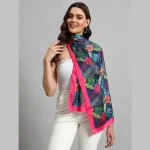 Beautiful Blue & Pink Floral Print Silk Fabric Scarf - Image 3