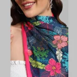 Beautiful Blue & Pink Floral Print Silk Fabric Scarf - Image 6