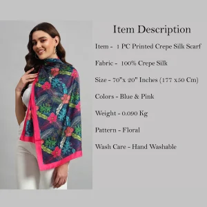 Beautiful Blue & Pink Floral Print Silk Fabric Scarf - Image 8