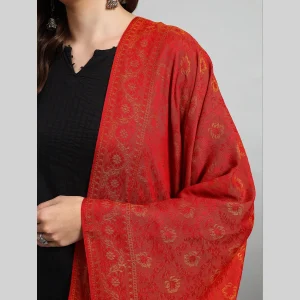 Beautiful Red Floral Stole Winter Wrap Wool Shawl - Image 5