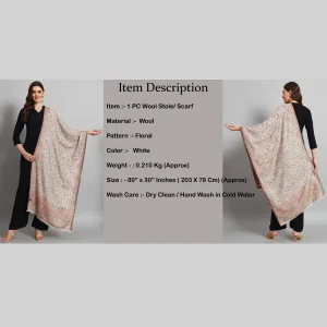 Beautiful White Floral Soft Wool Stole 80"x30" - Image 8