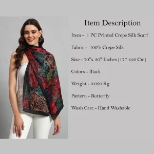 Black Butterfly Print Crepe Silk Scarf Gift for Women's - Image 8