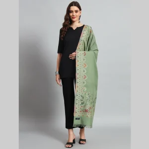 Cashmere Green Floral Scarf Ladies Soft Wool Stole - Image 3