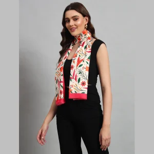 Good Quality Rectangle Crepe Silk Scarf Beige Red Floral - Image 3