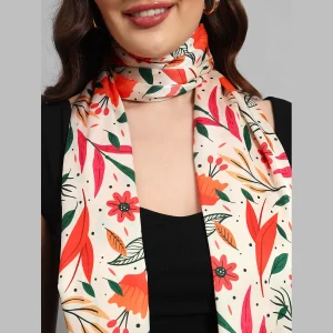 Good Quality Rectangle Crepe Silk Scarf Beige Red Floral - Image 6