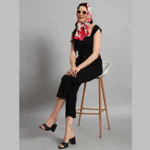 Good Quality Rectangle Crepe Silk Scarf Beige Red Floral - Image 4