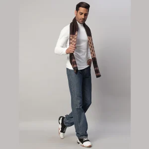 Men Winter Warm Wool Muffler Plaid Check Brown Scarf - Image 5