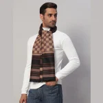 Men Winter Warm Wool Muffler Plaid Check Brown Scarf - Image 3