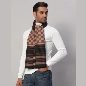 Men Winter Warm Wool Muffler Plaid Check Brown Scarf - Image 3