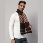Men Winter Warm Wool Muffler Plaid Check Brown Scarf - Image 4