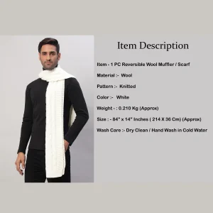 Men's 100% Wool Scarf Warm Neck Wrap White Solid Muffler - Image 8